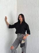 Crop Yakalı Gömlek Üç Çeyrek Sleeve Kol - Siyah resmi